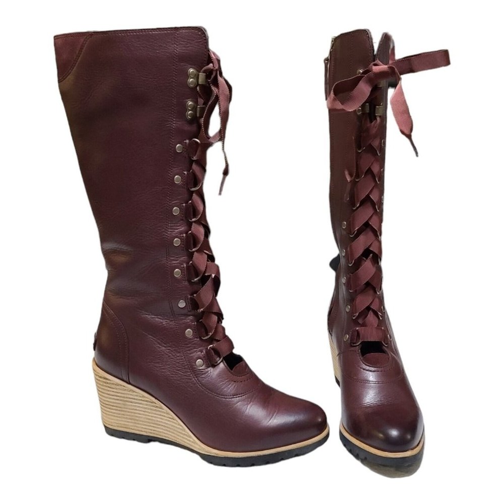 Elegant Burgundy/Brown Lace-Up Wedge Boots